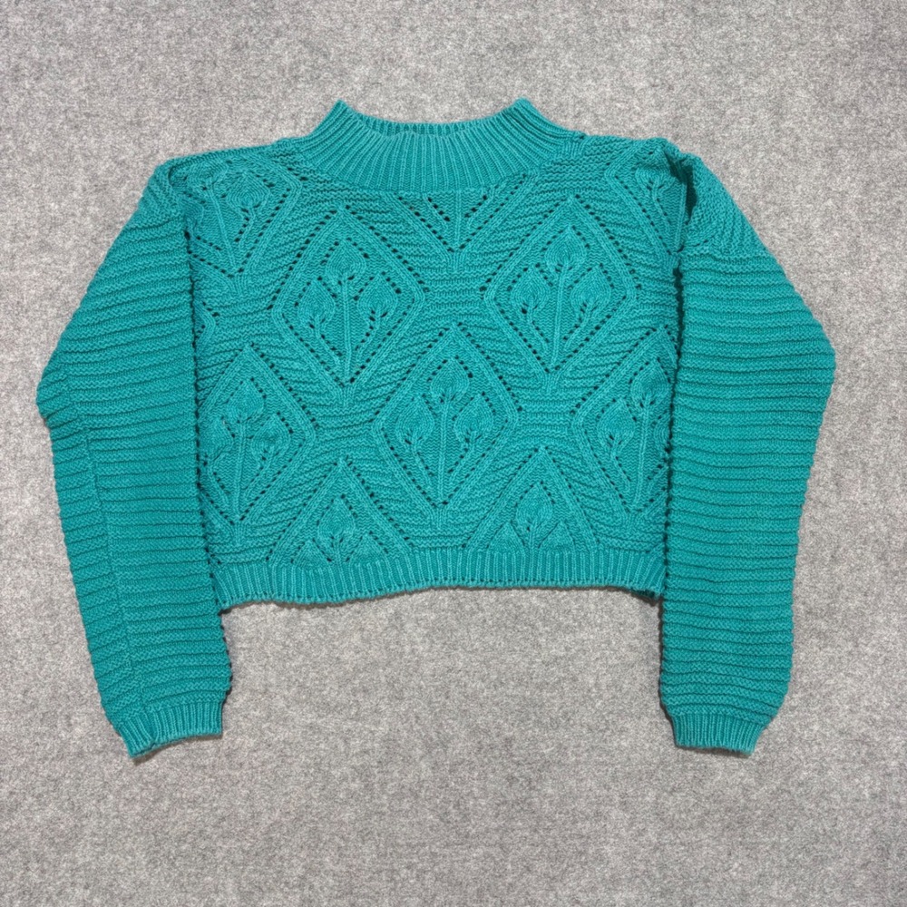 Pasta Women Teal Green Diamond Pointelle Knit Cropped Mock Neck Sweater Medium